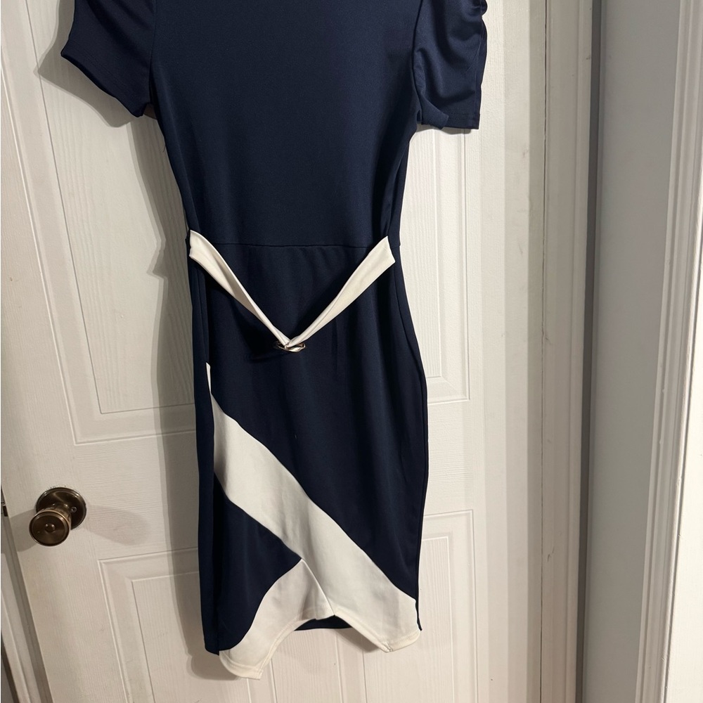 Asymmetrical Blue and White Sheath Mini Dress for Work